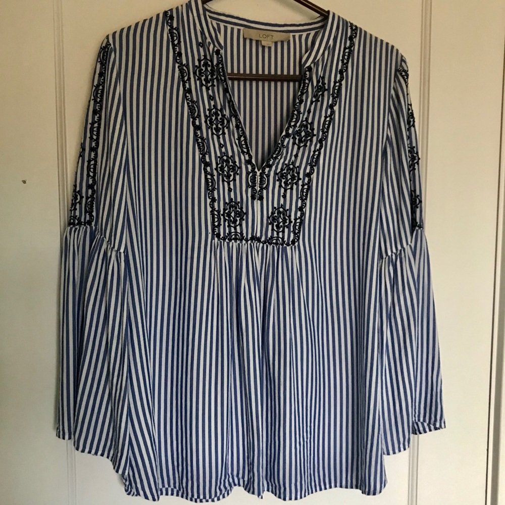 LOFT Blue & White Striped Bell Sleeve Blouse M